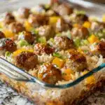 honey garlic meatball rice bake - featured image